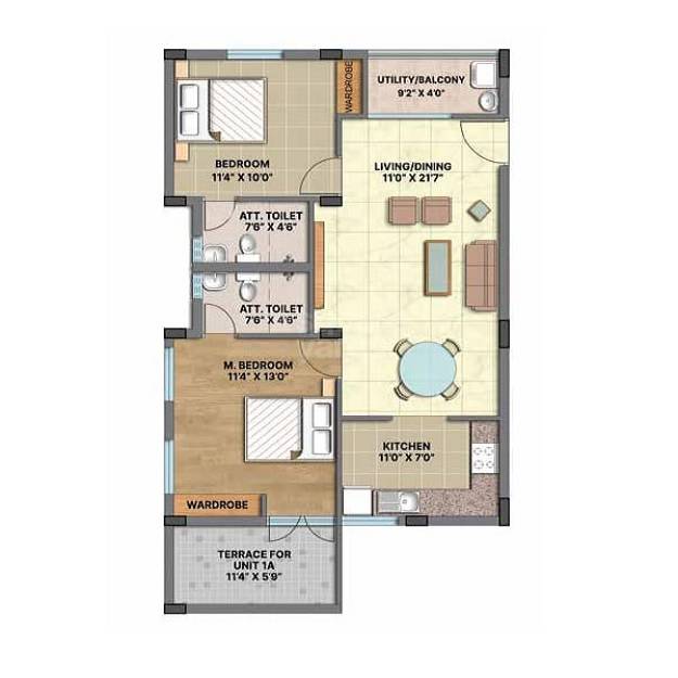 Floor plan of 2 BHK 1132 Sq. Ft. Apartment in RLD Triveni, Chennai