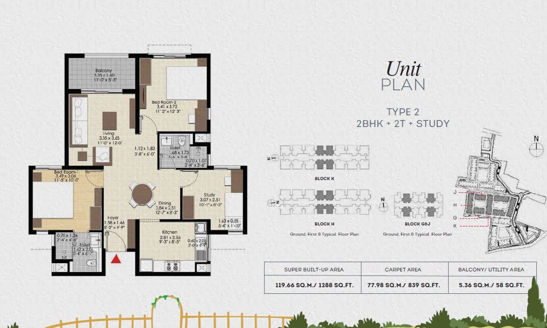 Floor plan of 2 BHK 839 Sq. Ft. Apartment in Brigade Bonito, Chennai