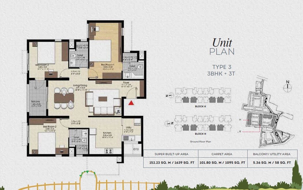 Floor plan of 3 BHK 1095 Sq. Ft. Apartment in Brigade Bonito, Chennai