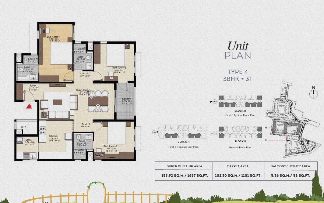 Floor plan of 3 BHK 1101 Sq. Ft. Apartment in Brigade Bonito, Chennai