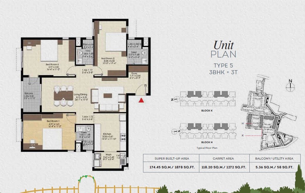 Floor plan of 3 BHK 1272 Sq. Ft. Apartment in Brigade Bonito, Chennai