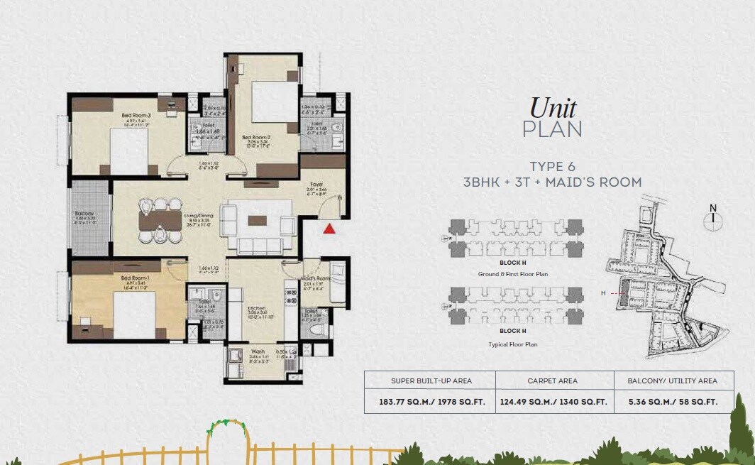 Floor plan of 3 BHK 1340 Sq. Ft. Apartment in Brigade Bonito, Chennai
