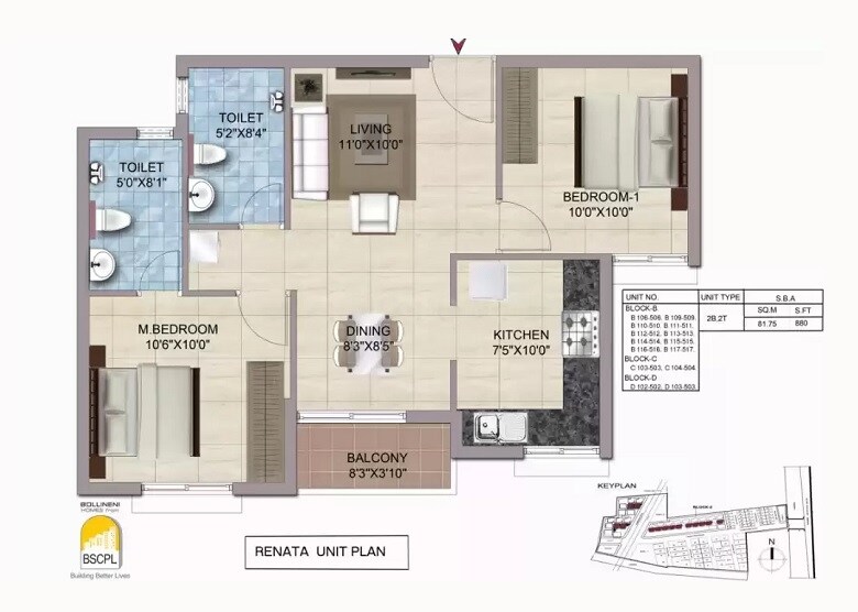 Floor plan of 2 BHK 880 Sq. Ft. Apartment in BSCPL Bollineni Renata, Chennai