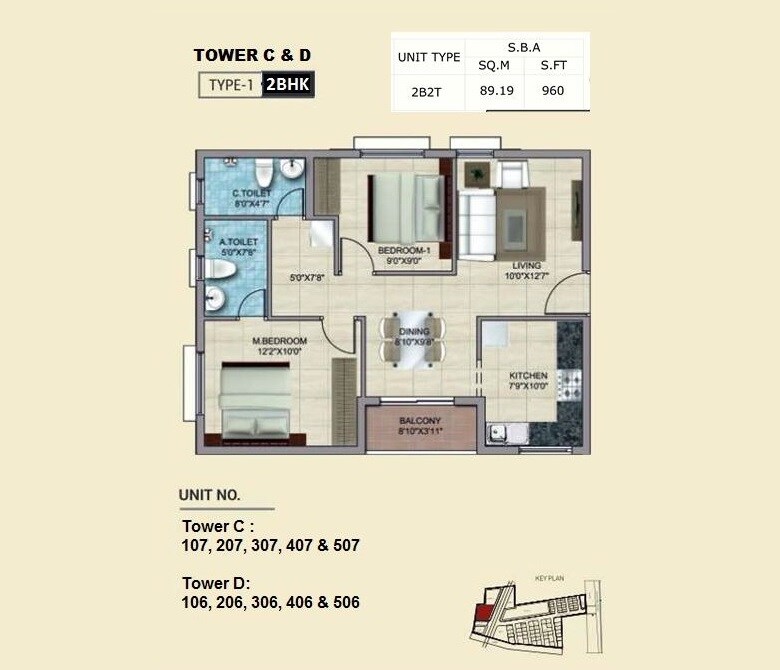 Floor plan of 2 BHK 960 Sq. Ft. Apartment in BSCPL Bollineni Renata, Chennai