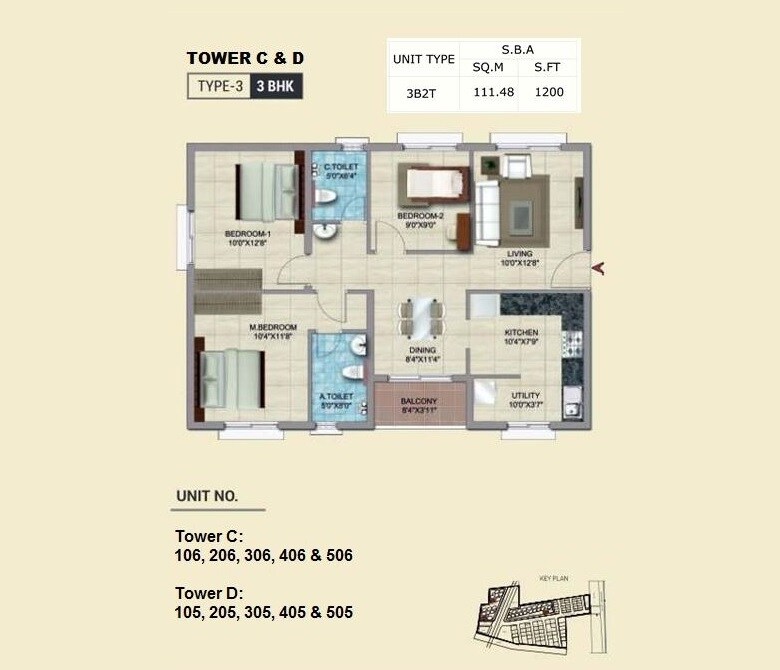 Floor plan of 3 BHK 1200 Sq. Ft. Apartment in BSCPL Bollineni Renata, Chennai