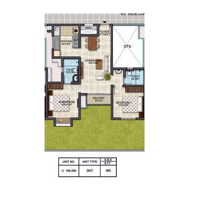 Floor plan of 2 BHK 885 Sq. Ft. Apartment in BSCPL Bollineni Zion, Chennai