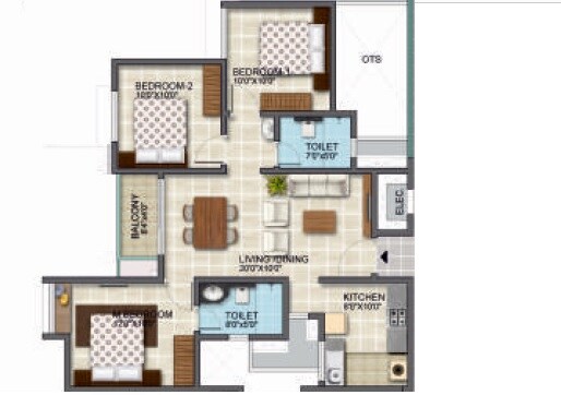 Floor plan of 3 BHK 1075 Sq. Ft. Apartment in BSCPL Bollineni Zion, Chennai