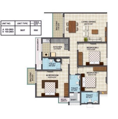 Floor plan of 3 BHK 1650 Sq. Ft. Apartment in BSCPL Bollineni Zion, Chennai