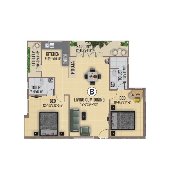 Floor plan of 2 BHK 1267 Sq. Ft. Apartment in BSR Balaji Enclave, Chennai