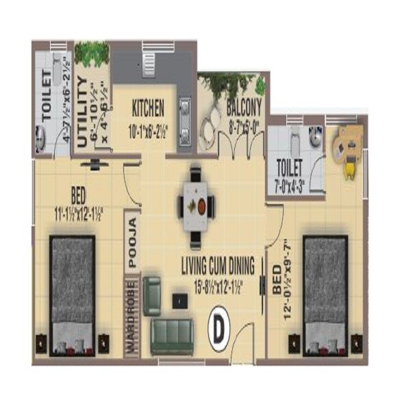 Floor plan of 2 BHK 962 Sq. Ft. Apartment in BSR Balaji Enclave, Chennai
