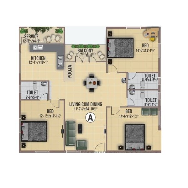 Floor plan of 3 BHK 1749 Sq. Ft. Apartment in BSR Balaji Enclave, Chennai