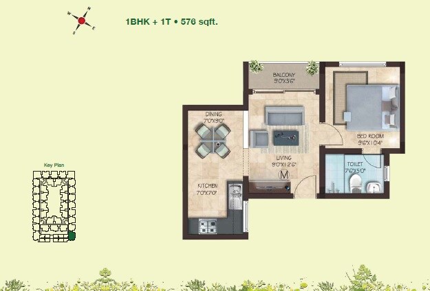 Floor plan of 1 BHK 576 Sq. Ft. Apartment in Casa Grande Aldea, Chennai