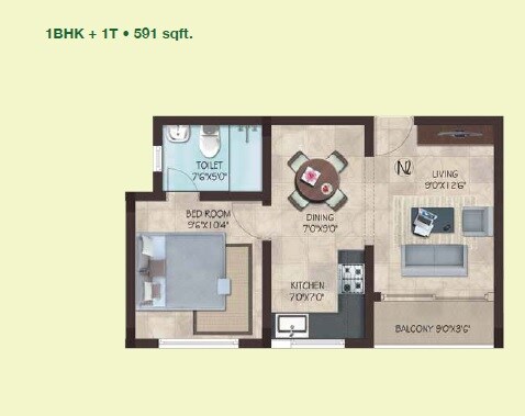 Floor plan of 1 BHK 591 Sq. Ft. Apartment in Casa Grande Aldea, Chennai