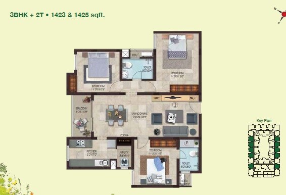 Floor plan of 3 BHK 1423 Sq. Ft. Apartment in Casa Grande Aldea, Chennai