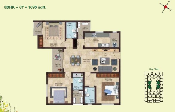 Floor plan of 3 BHK 1695 Sq. Ft. Apartment in Casa Grande Aldea, Chennai