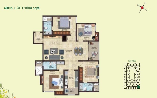 Floor plan of 4 BHK 1986 Sq. Ft. Apartment in Casa Grande Aldea, Chennai