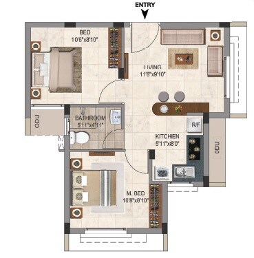 Floor plan of 2 BHK 693 Sq. Ft. Apartment in Casa Grande Arena, Chennai