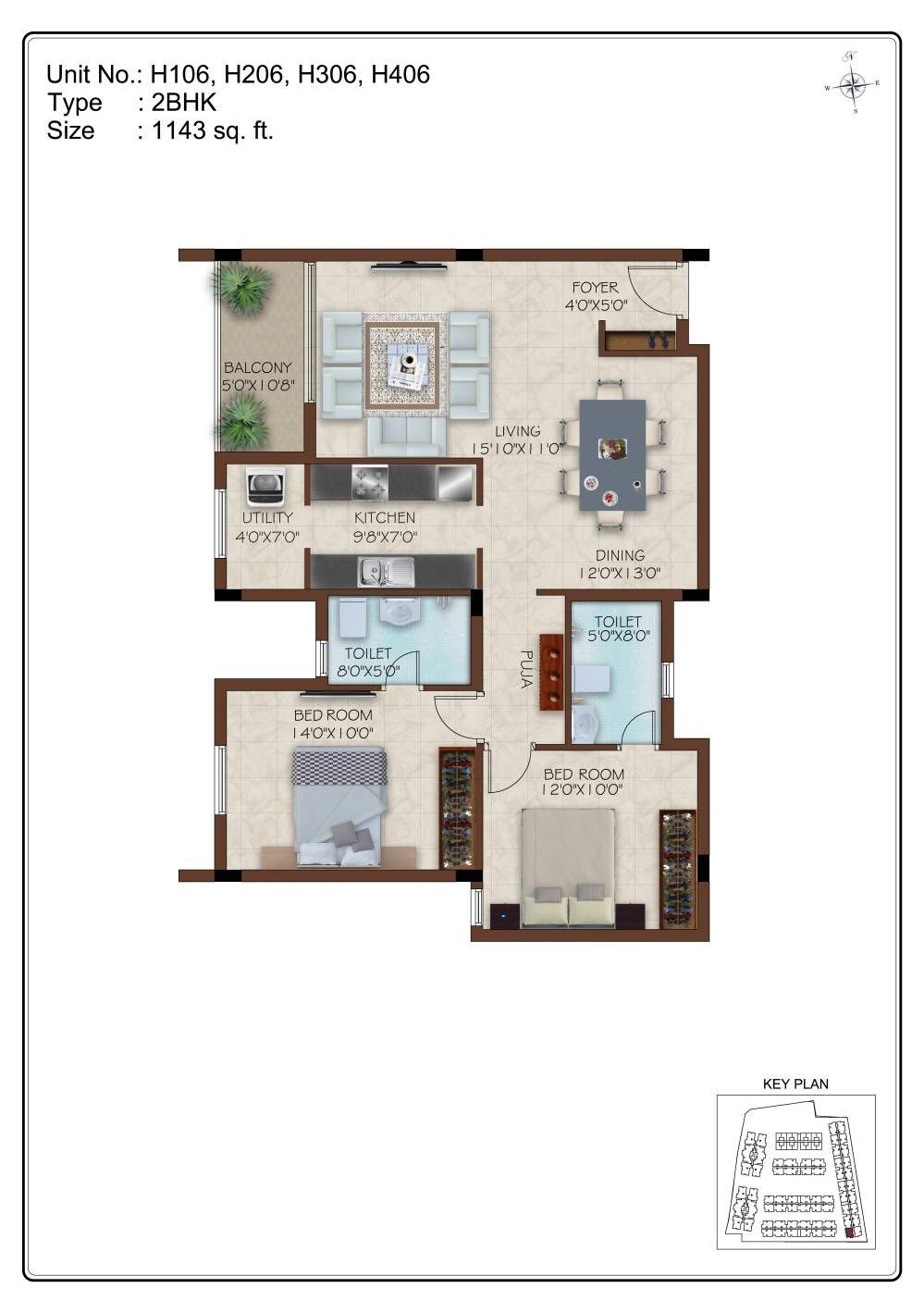 Floor plan of 2 BHK Apartment - 1143 sq. ft. in Casa Grande Aristo, Chennai