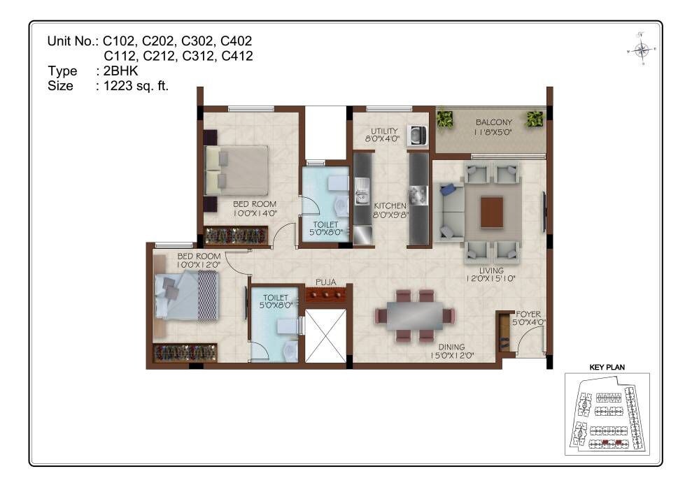 Floor plan of 2 BHK Apartment - 1223 sq. ft. in Casa Grande Aristo, Chennai