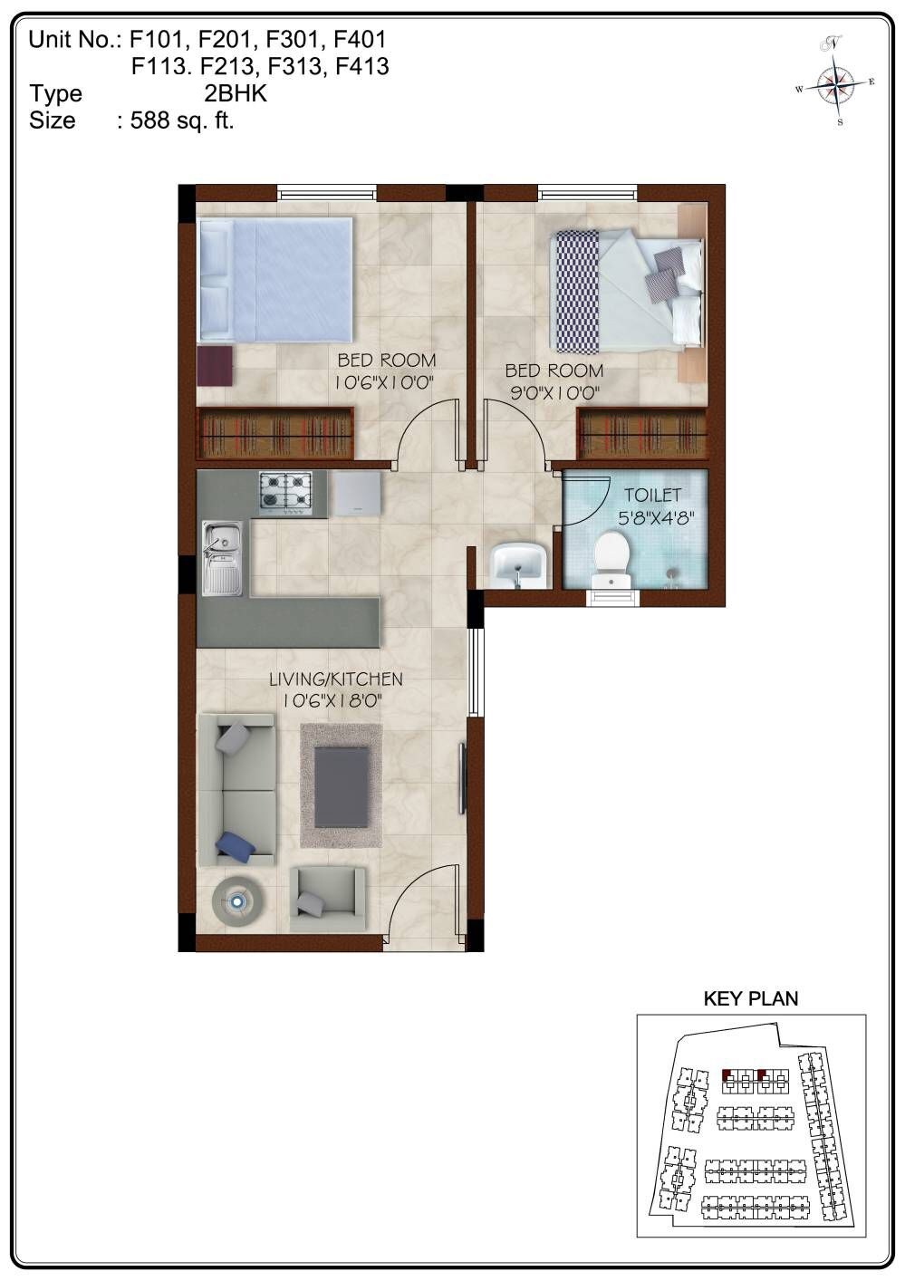 Floor plan of 2 BHK Apartment - 588 sq. ft. in Casa Grande Aristo, Chennai