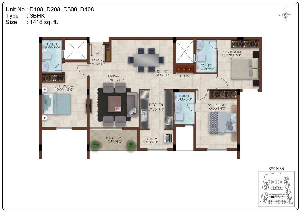 Floor plan of 3 BHK Apartment - 1418 sq. ft. in Casa Grande Aristo, Chennai