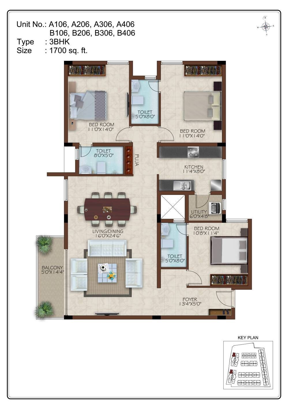 Floor plan of 3 BHK Apartment - 1700 sq. ft. in Casa Grande Aristo, Chennai