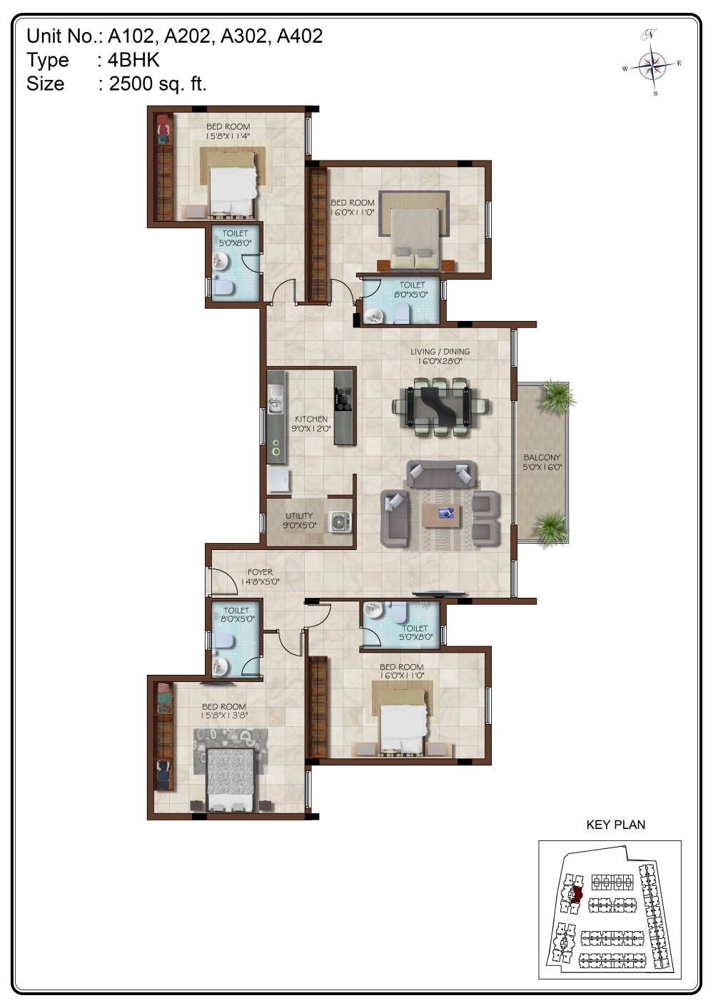 Floor plan of 4 BHK Apartment - 2500 sq. ft. in Casa Grande Aristo, Chennai