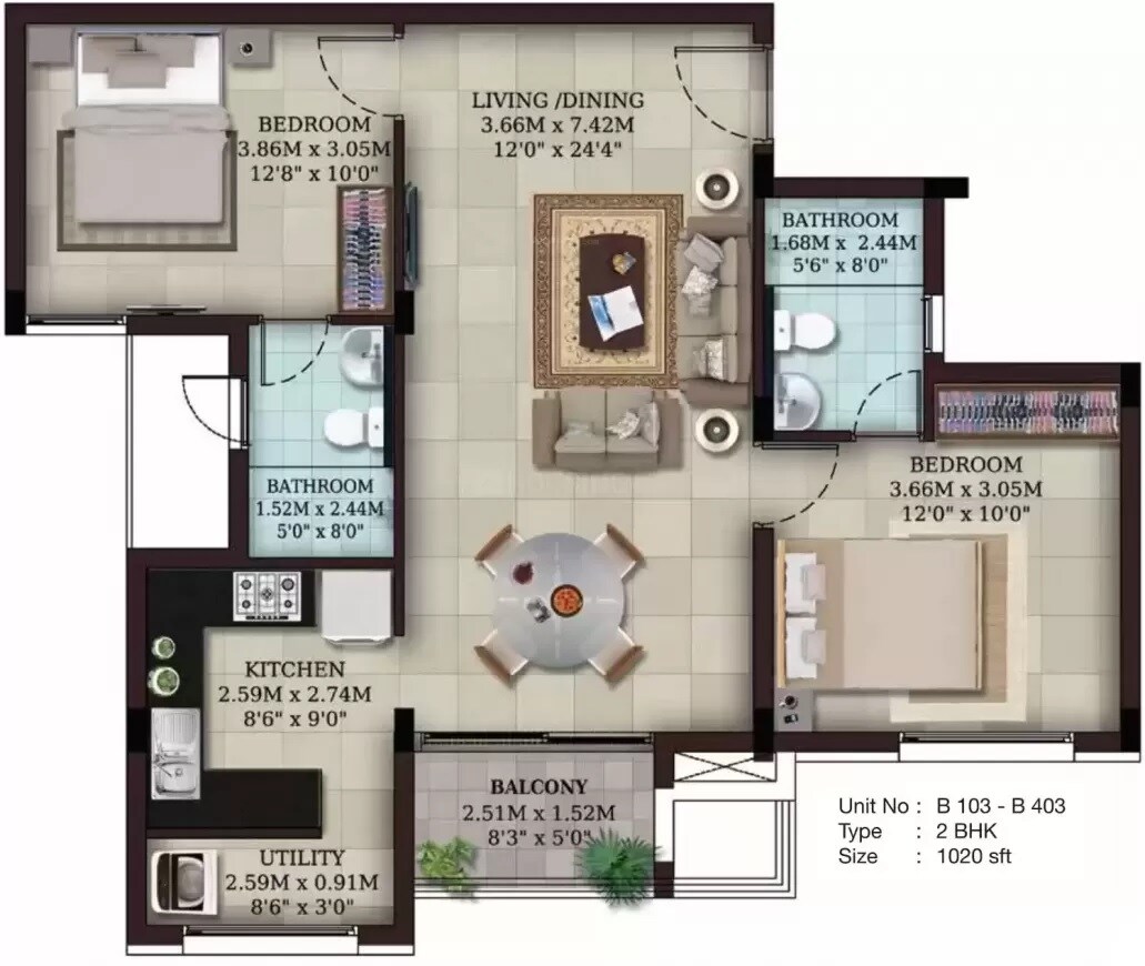 Floor plan of 2 BHK 1020 Sq. Ft. Apartment in Casa Grande Cascades, Chennai