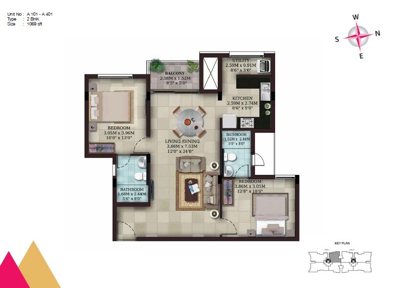 Floor plan of 2 BHK 1069 Sq. Ft. Apartment in Casa Grande Cascades, Chennai