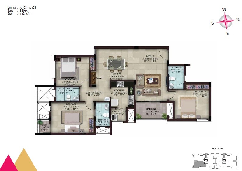 Floor plan of 3 BHK 1497 Sq. Ft. Apartment in Casa Grande Cascades, Chennai