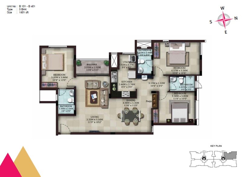 Floor plan of 3 BHK 1501 Sq. Ft. Apartment in Casa Grande Cascades, Chennai