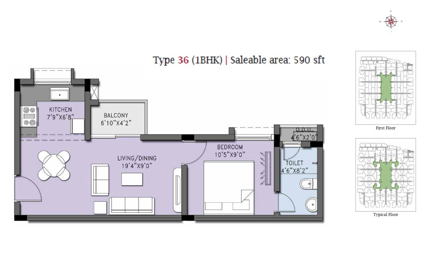 Floor plan of 1 BHK 590 Sq. Ft. Apartment in Casa Grande Cherry Pick, Chennai