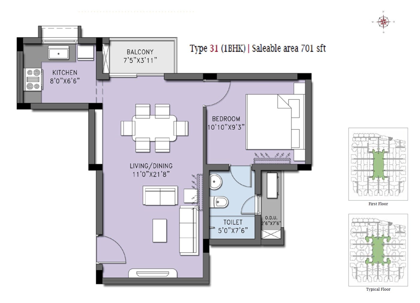 Floor plan of 1 BHK 701 Sq. Ft. Apartment in Casa Grande Cherry Pick, Chennai