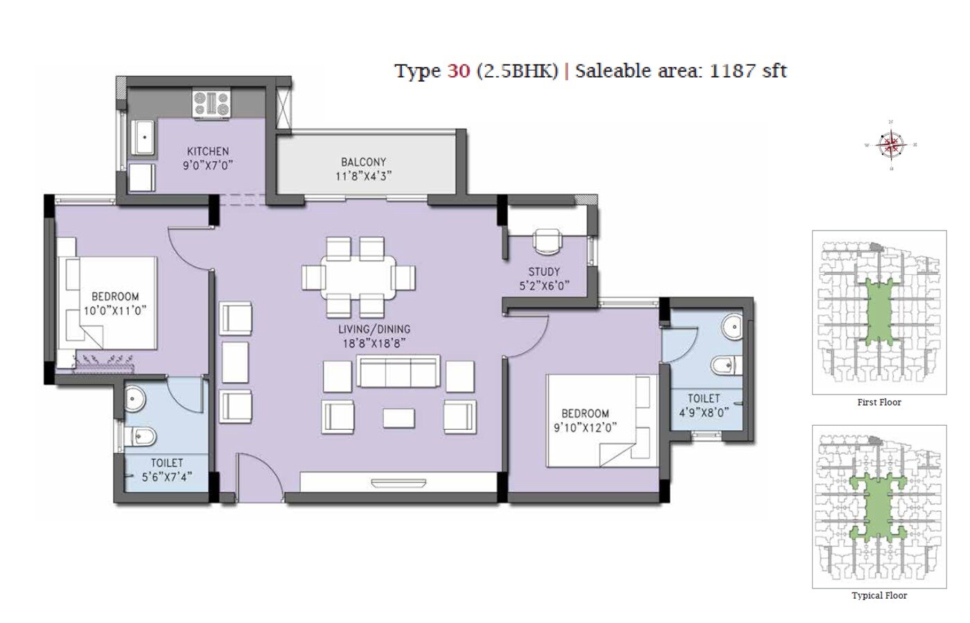 Floor plan of 2 BHK 1187 Sq. Ft. Apartment in Casa Grande Cherry Pick, Chennai