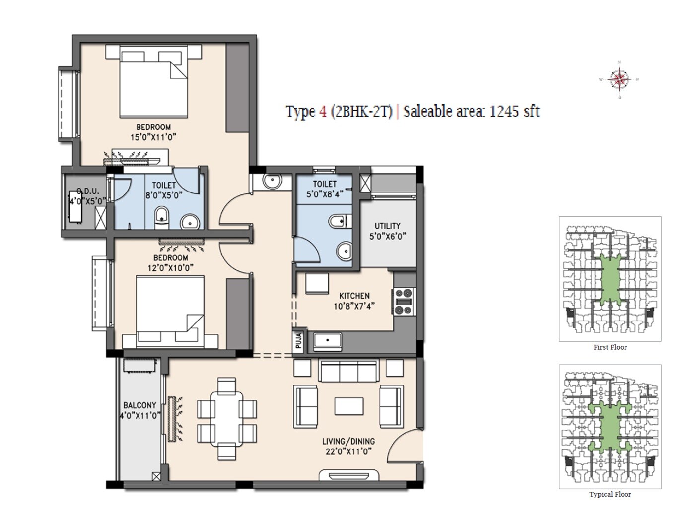 Floor plan of 2 BHK 1245 Sq. Ft. Apartment in Casa Grande Cherry Pick, Chennai