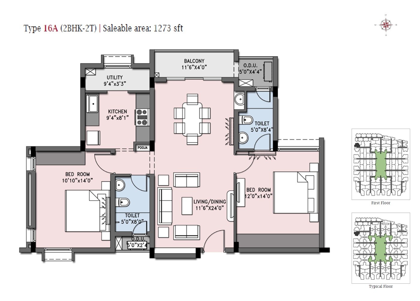 Floor plan of 2 BHK 1273 Sq. Ft. Apartment in Casa Grande Cherry Pick, Chennai