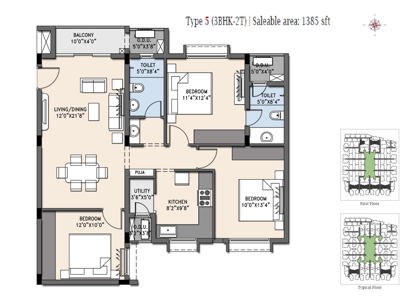 Floor plan of 3 BHK 1385 Sq. Ft. Apartment in Casa Grande Cherry Pick, Chennai