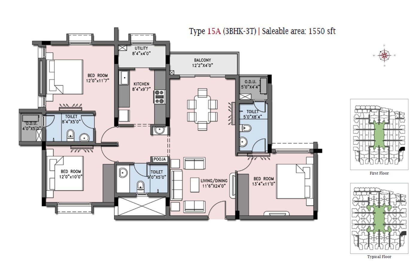 Floor plan of 3 BHK 1550 Sq. Ft. Apartment in Casa Grande Cherry Pick, Chennai