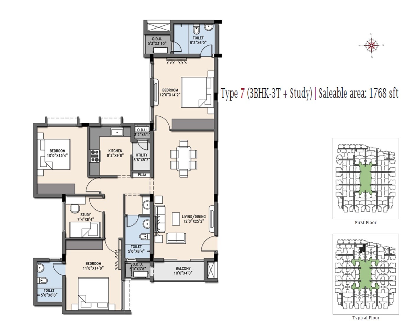Floor plan of 3 BHK 1768 Sq. Ft. Apartment in Casa Grande Cherry Pick, Chennai