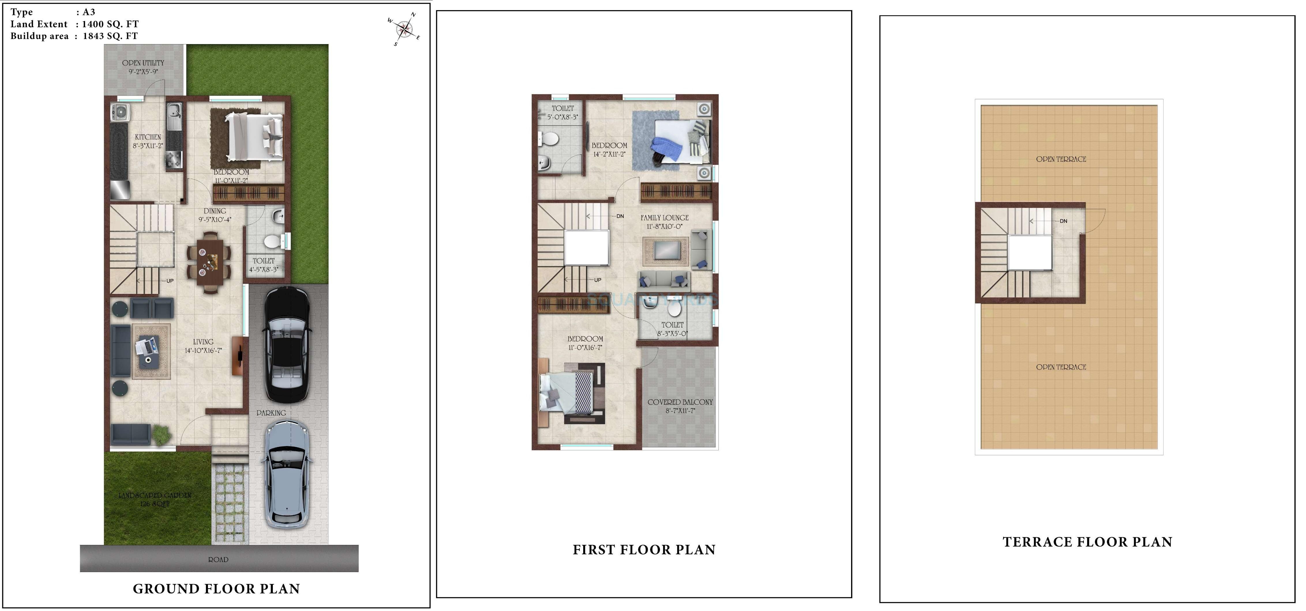 Floor plan of 3 BHK 1843 Sq. Ft. Villa in Casa Grande Elan, Chennai