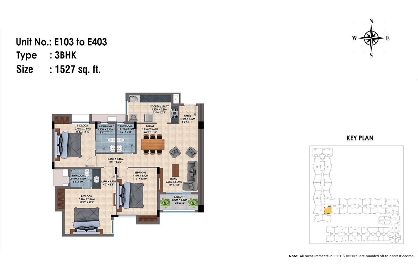 Floor plan of 3 BHK 1527 Sq. Ft. Apartment in Casa Grande Irene, Chennai