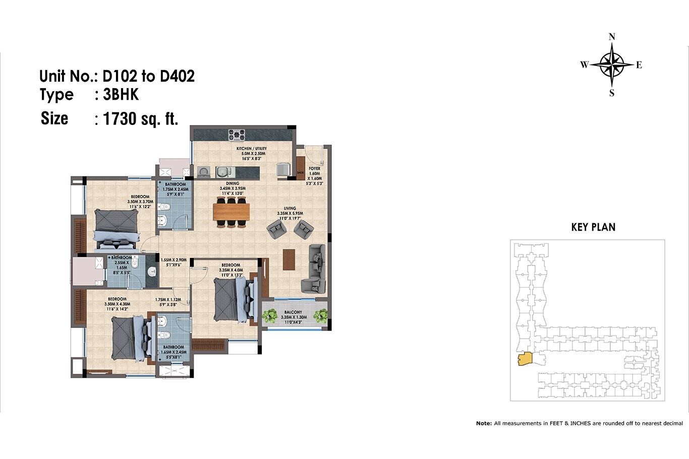Floor plan of 3 BHK 1730 Sq. Ft. Apartment in Casa Grande Irene, Chennai