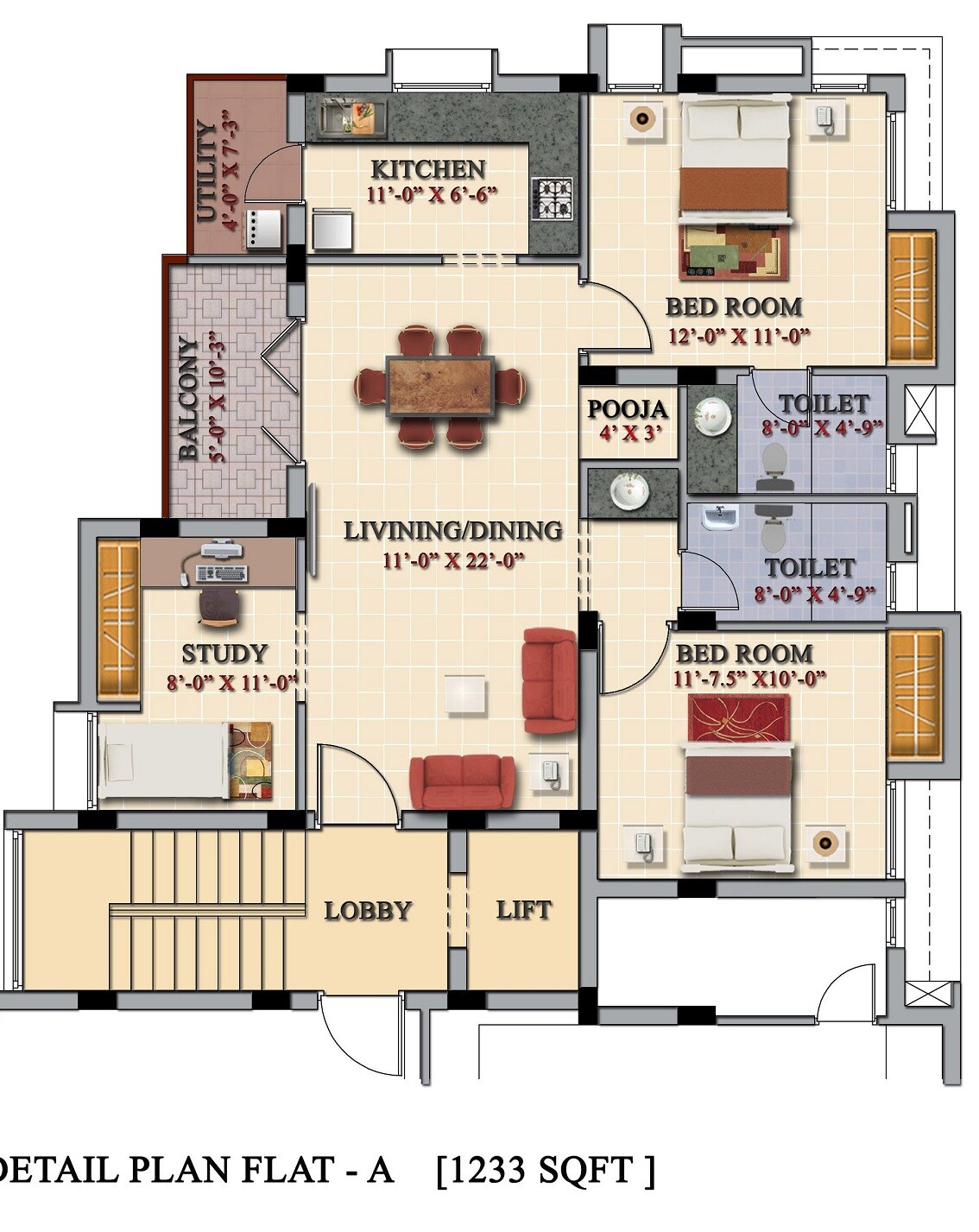 Floor plan of 2 BHK 1233 Sq. Ft. Apartment in Casa Grande Lakshmi, Chennai