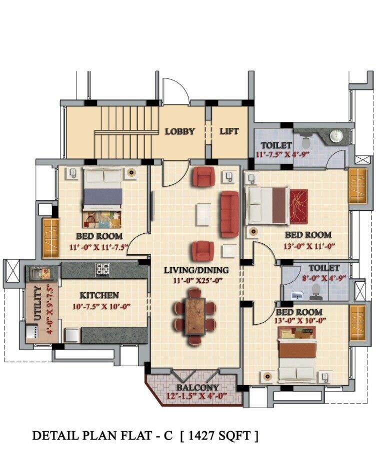 Floor plan of 2 BHK 1427 Sq. Ft. Apartment in Casa Grande Lakshmi, Chennai