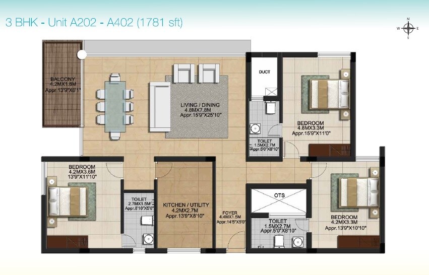 Floor plan of 3 BHK 1781 Sq. Ft. Apartment in Casa Grande Marina Bay, Chennai