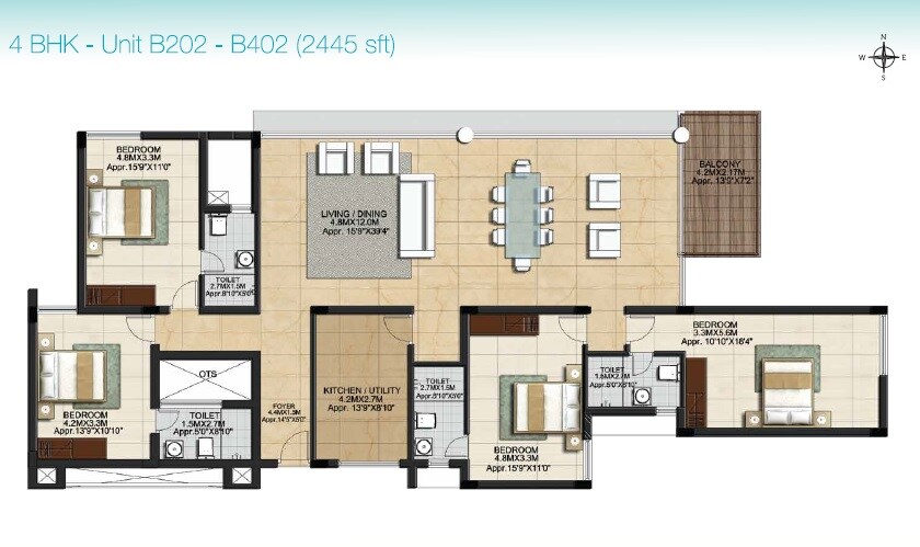 Floor plan of 4 BHK 2445 Sq. Ft. Apartment in Casa Grande Marina Bay, Chennai