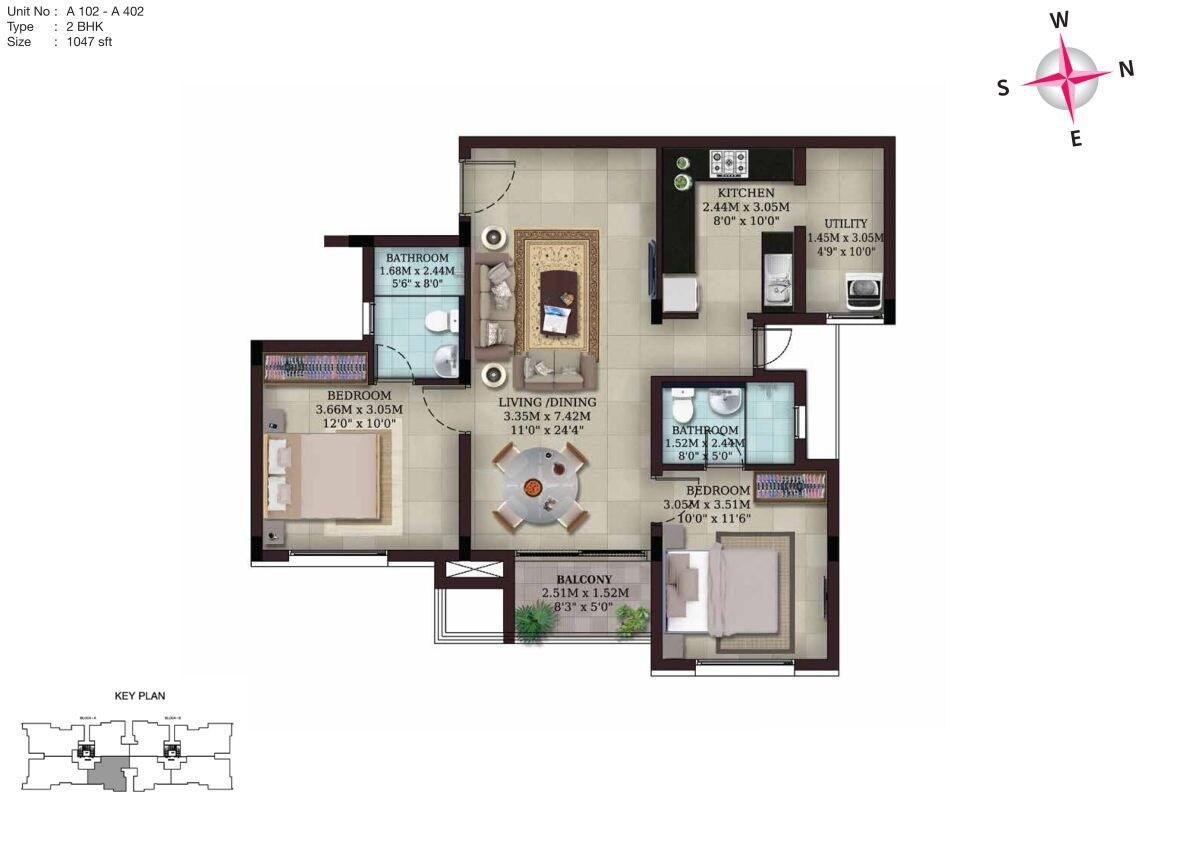 Floor plan of 2 BHK 1047 Sq. Ft. Apartment in Casa Grande Padi, Chennai