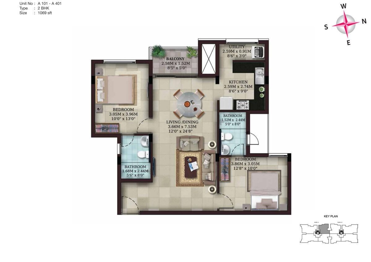 Floor plan of 2 BHK 1069 Sq. Ft. Apartment in Casa Grande Padi, Chennai