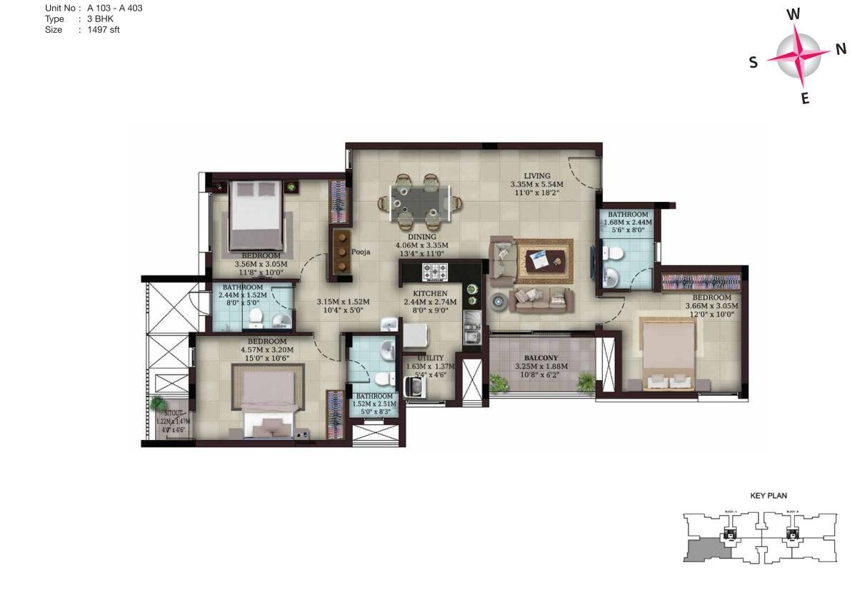 Floor plan of 3 BHK 1497 Sq. Ft. Apartment in Casa Grande Padi, Chennai