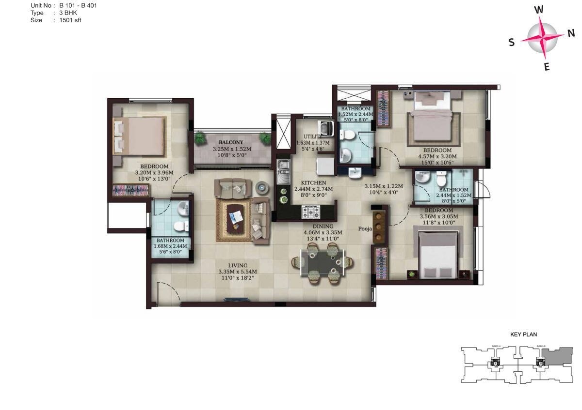 Floor plan of 3 BHK 1501 Sq. Ft. Apartment in Casa Grande Padi, Chennai